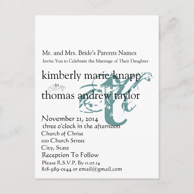 Funky UpBeat Modern Monogram  Wedding Invitation (Front)