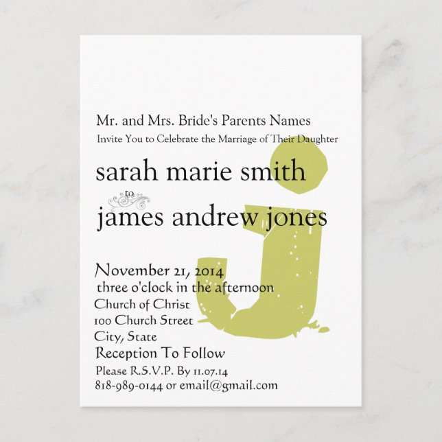 Funky UpBeat Modern Monogram Wedding Invitation Postcard (Front)