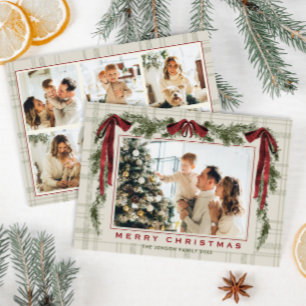 Funky Velvet Christmas Boho Red Bow 4 Photo Holiday Card