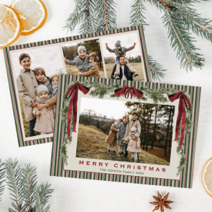 Funky Velvet Christmas Boho Red Bow 4 Photo Holiday Card