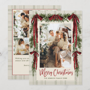 Funky Velvet Christmas Boho Red Bow 5 Photo Holiday Card