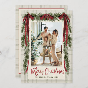 Funky Velvet Christmas Boho Red Bow 5 Photo Holiday Card