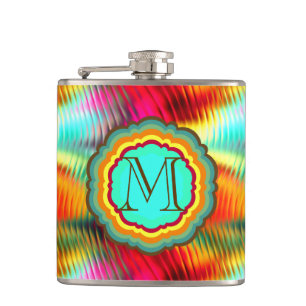 Funky, Vibrant Rainbow Monogram Hip Flask