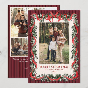 Funky Vintage Christmas Red Bow Coquette5 Photo Holiday Card