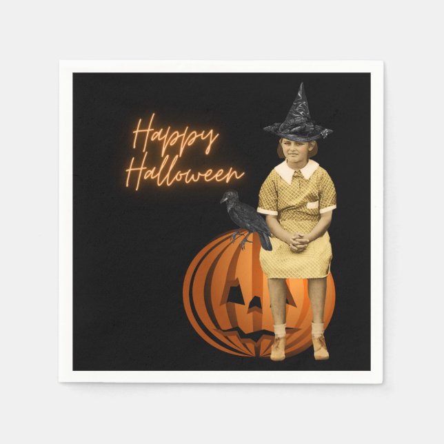 Funky Vintage Girl Witch Halloween  Napkin (Front)