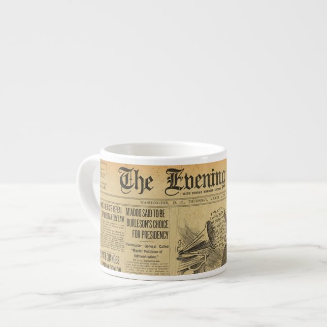 Funky Vintage Newspaper Espresso Mug! Cup (Front Left)