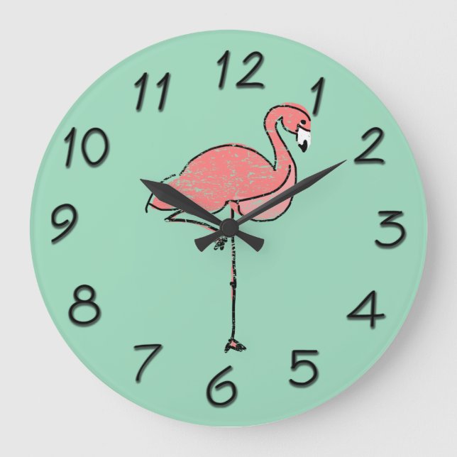 Funky Vintage Pink Flamingo Blue Large Clock (Front)