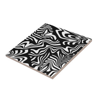 Funky Warped Black and White Abstract Line Art Tile