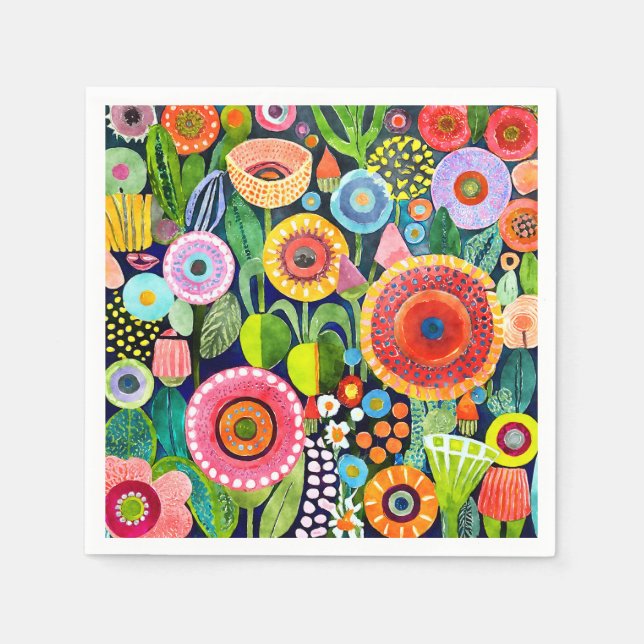 Funky Watercolor Flowers Pattern Napkin (Front)