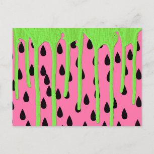 Funky Watermelon Neon Green Paint Drips Postcard
