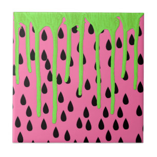 Funky Watermelon Neon Green Paint Drips Tile