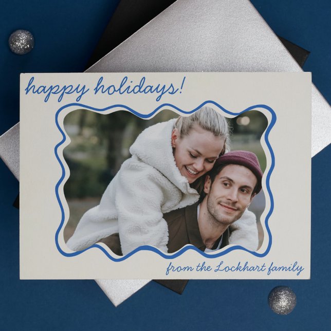 Funky Wavy Hand Drawn Whimsical Border Photo  Holiday Card (cream and blue whimsical hand drawn modern doodle sketch wavy border photo christmas holiday card)