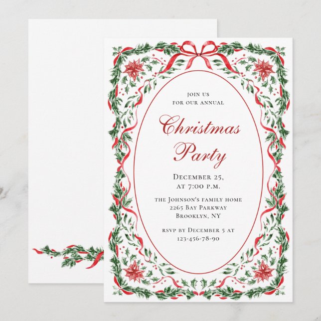 Funky Whimsical Christmas Red Bow Holiday Party Invitation (Front/Back)