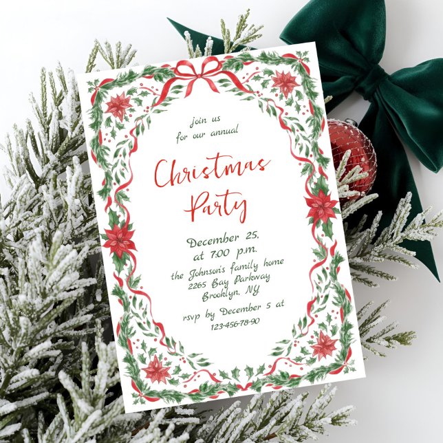 Funky Whimsical Christmas Red Bow Holiday Party Invitation (Creator Uploaded)