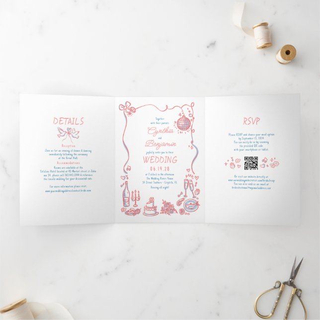 Funky Whimsical Doodles Modern Wedding Photo Tri-Fold Invitation (Inside)