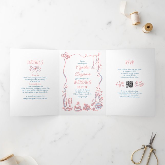 Funky Whimsical Doodles Modern Wedding Photo Tri-Fold Invitation (Inside)