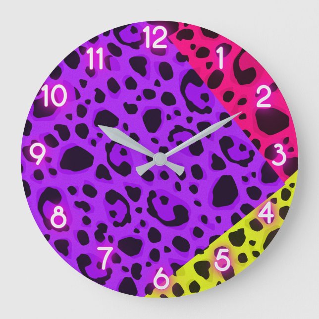 Funky Wild Neon Animal Leopard Cheetah Print Large Clock (Front)