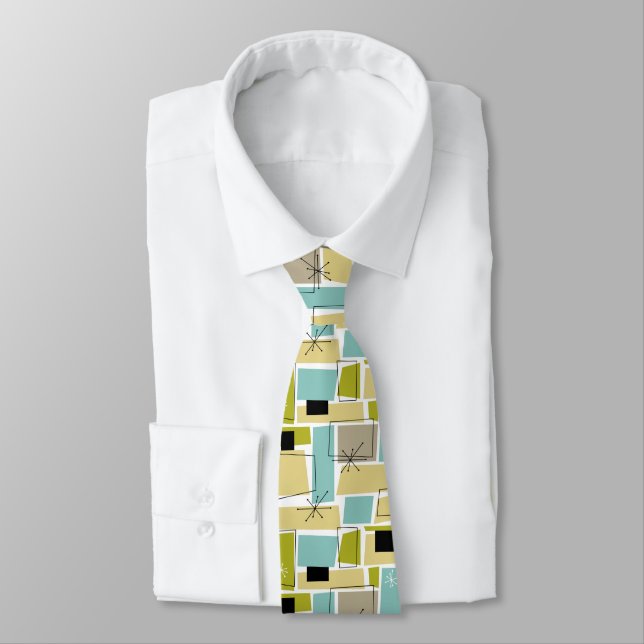 Funky Yellow Blue Abstract Squares Mid Century Tie (Tied)