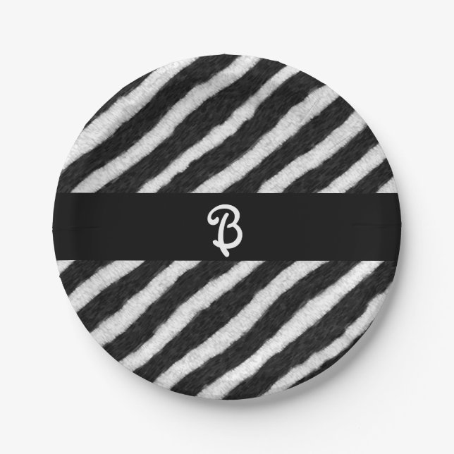 Funky Zebra Stripes Black & White Birthday Paper Plate (Front)