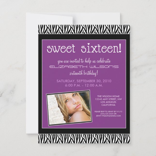 Funky Zebra Sweet 16 Birthday Party Invite (lilac) (Front)