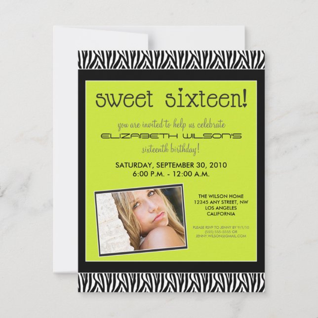 Funky Zebra Sweet 16 Birthday Party Invite (lime) (Front)