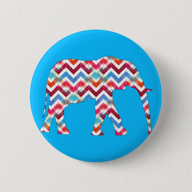Funky Zigzag Chevron Elephant on Teal Blue 2 Inch Round Button (Front)