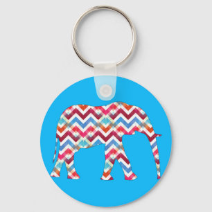Funky Zigzag Chevron Elephant on Teal Blue Keychain