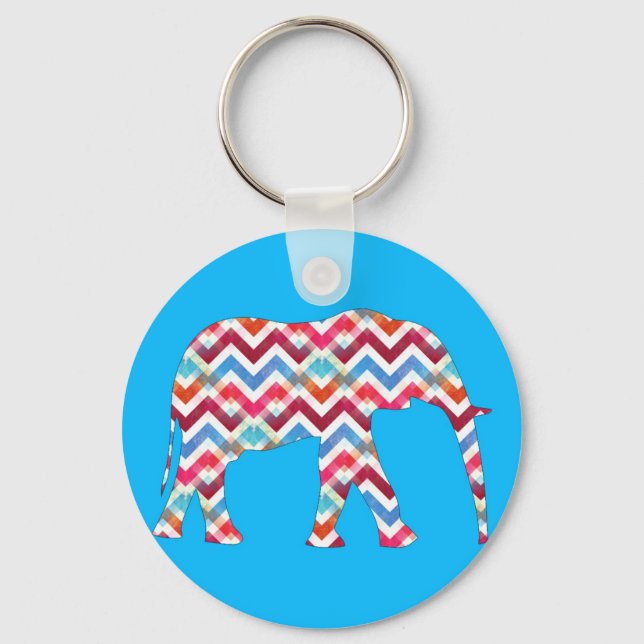 Funky Zigzag Chevron Elephant on Teal Blue Keychain (Front)