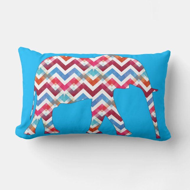 Funky Zigzag Chevron Elephant on Teal Blue Lumbar Pillow (Front)