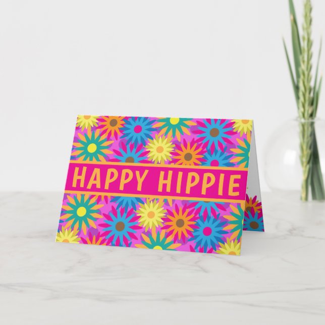 Funny 1960s Flower Power Happy Hippie Birthday Card (Front)