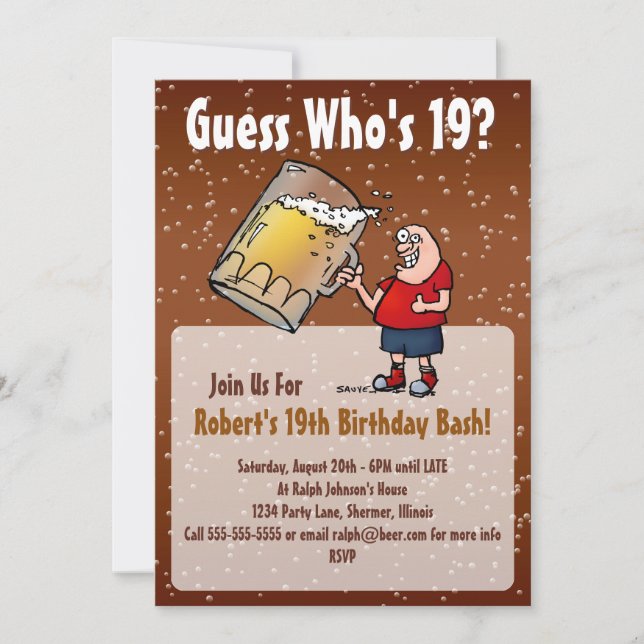 Funny 19th Birthday Party Invitation With Big Beer (Front)