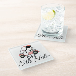 Funny 19th Hole Golf Cart Flamingo Glass Coaster