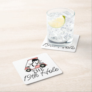 Funny 19th Hole Golf Cart Flamingo Square Paper Coaster