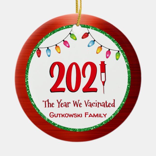 Funny 2021 Vaccinated Family Photo Ceramic Ornament (Front)