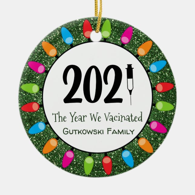 Funny 2021 Vaccinated Family Photo Green Glitter Ceramic Ornament (Front)