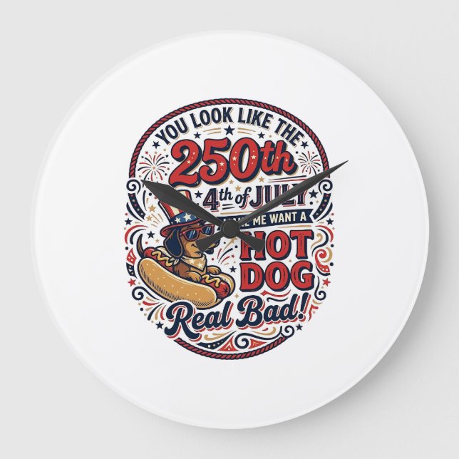 Funny 250th 4th of July Hot Dog Dachshund Large Clock (Front)