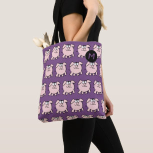 Funny 2 Cartoon Pig Monogram Choose Colour Tote Ba Bag