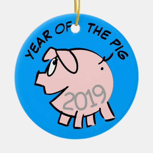 Funny 3 Cartoon Illustration Pig  Year 2019 Round Ceramic Ornament (Front)