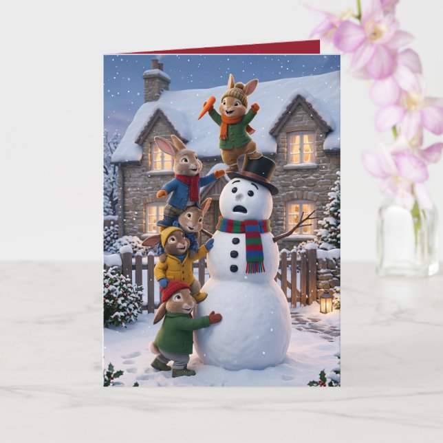 Funny 3D Anthropomorphic Rabbits Christmas Card (Orchid)