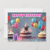 Funny 3D Pug Birthday Card | Cute Dog Party 