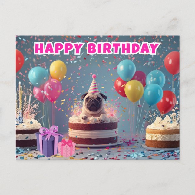 Funny 3D Pug Birthday Card | Cute Dog Party  (Front)