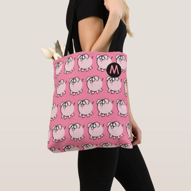 Funny 4 Cartoon Pig Monogram Choose Colour Tote Ba (Close Up)