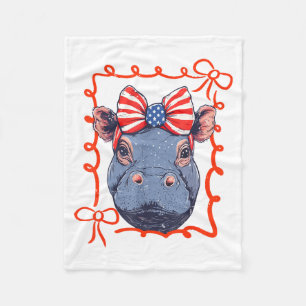 Funny 4th Of July Hippo Lover Coquette Bow Us Flag Fleece Blanket