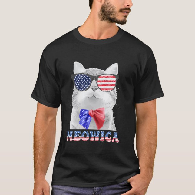 Funny 4th Of July Meowica Cat Sunglasses USA Ameri T-Shirt (Front)