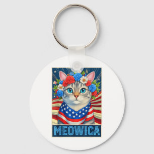 Funny 4th Of July Meowica Kitty Cat American Flag Keychain