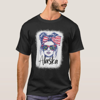 Funny 4th Of July Messy Bun Alaska Flag State Girl T-Shirt