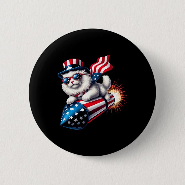 Funny 4th Of July Patriotic Cat Rocket With Firewo 2 Inch Round Button (Front)