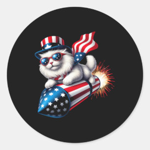 Funny 4th Of July Patriotic Cat Rocket With Firewo Classic Round Sticker
