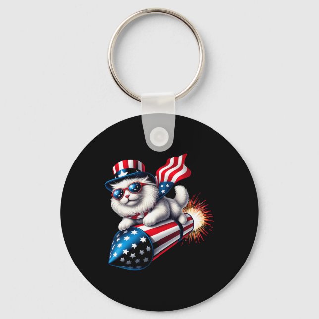 Funny 4th Of July Patriotic Cat Rocket With Firewo Keychain (Front)