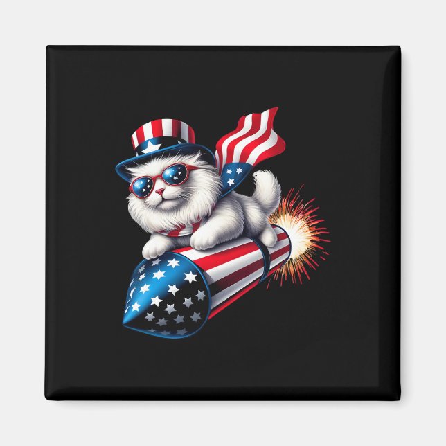 Funny 4th Of July Patriotic Cat Rocket With Firewo Magnet (Front)